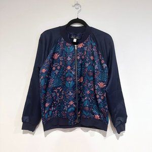 NWOT, Blue Rain, Navy Floral Light Bomber Zip-Up Jacket, Size Large